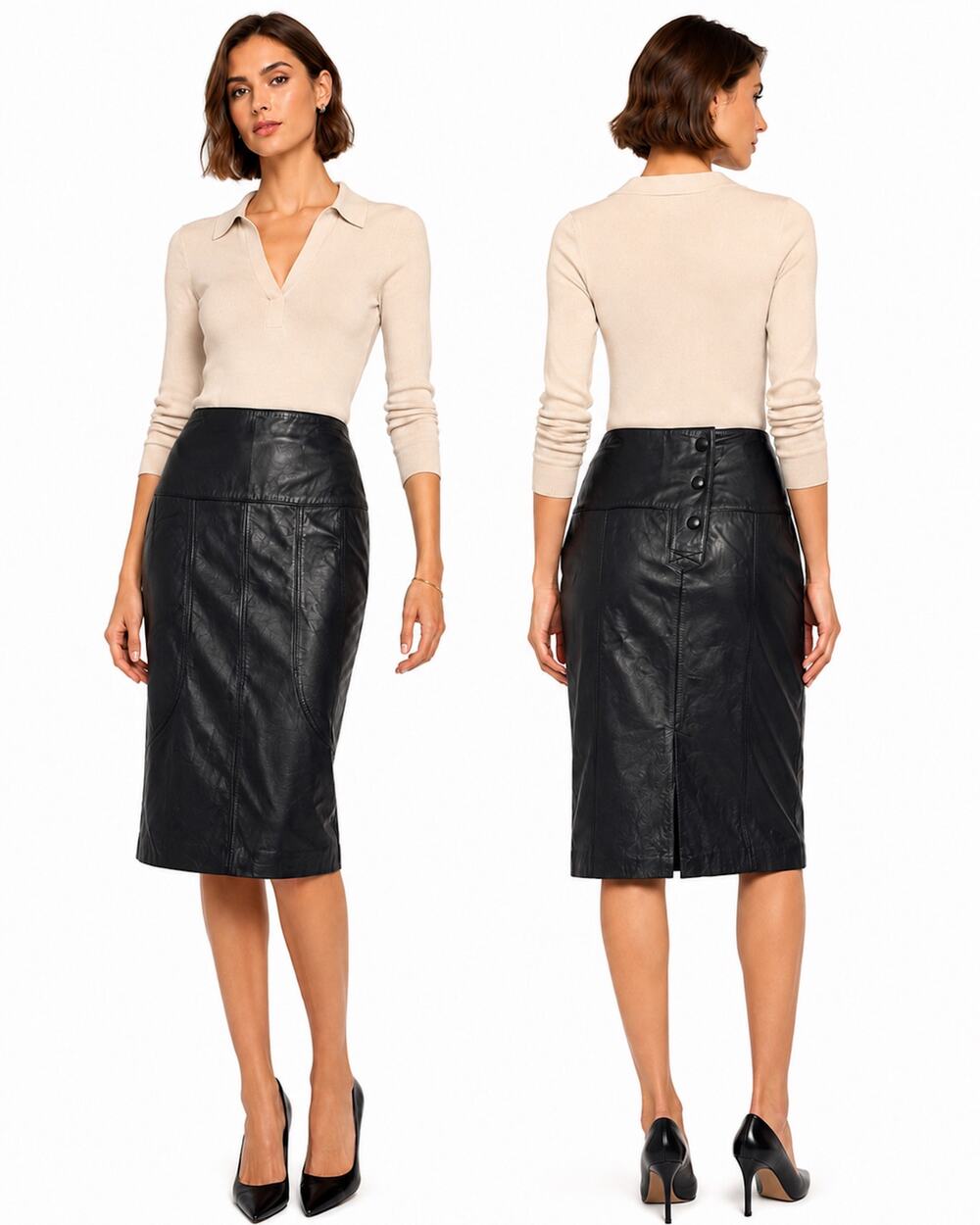Vintage 80s Shalmay Black Leather Pencil Skirt Wide Yoke Waist Button Back 27 W